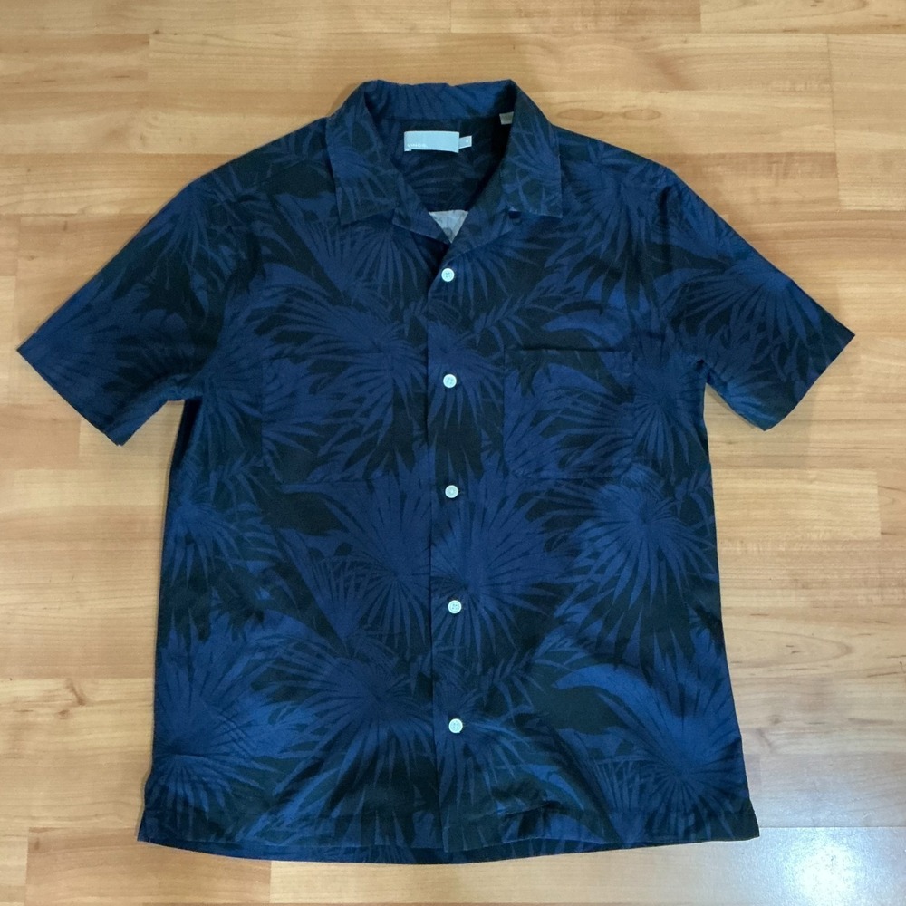 Vince Mens S Navy Blue Palm Leaf Print Rayon Blend Short Sleeve Button Shirt